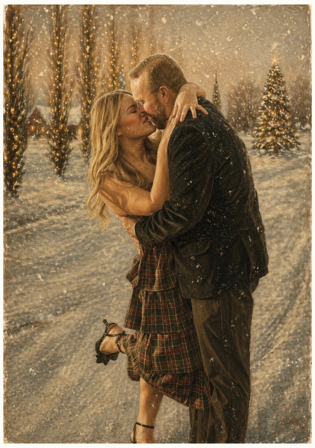 Kylee and Scott sharing a kiss in the falling snow among Christmas lights